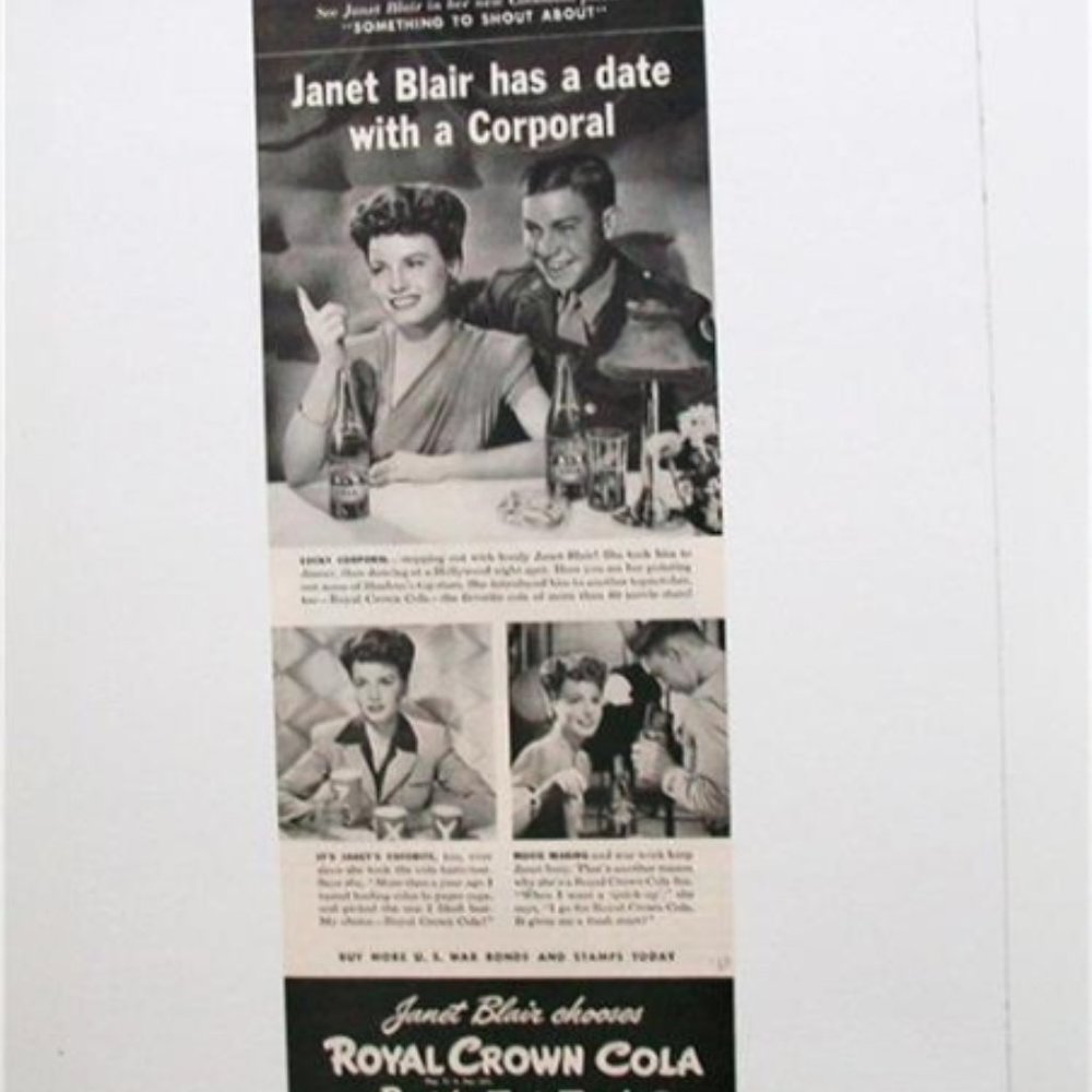 ROYAL CROWN COLA Ad 1943 Janet Blair WW2 Soda Pop